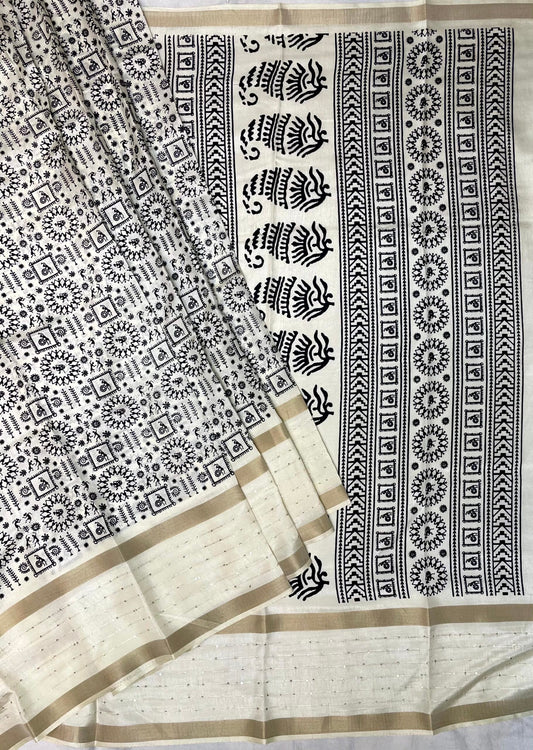 Cream Monochrome Printed Saree with Zari Lines Border and Tribal Design pr0015ai