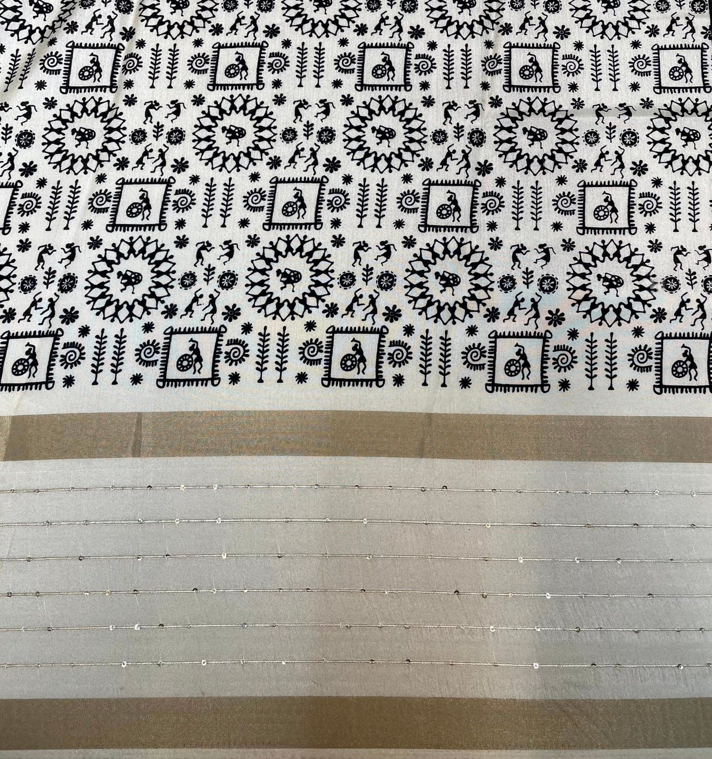 Cream Monochrome Printed Saree with Zari Lines Border and Tribal Design pr0015ai