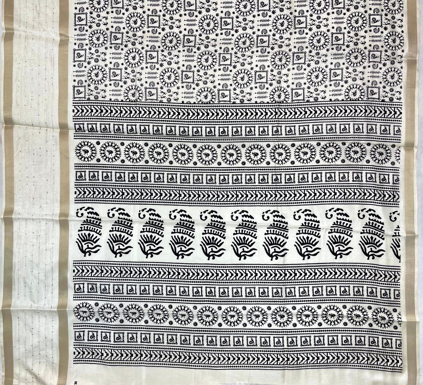 Cream Monochrome Printed Saree with Zari Lines Border and Tribal Design pr0015ai
