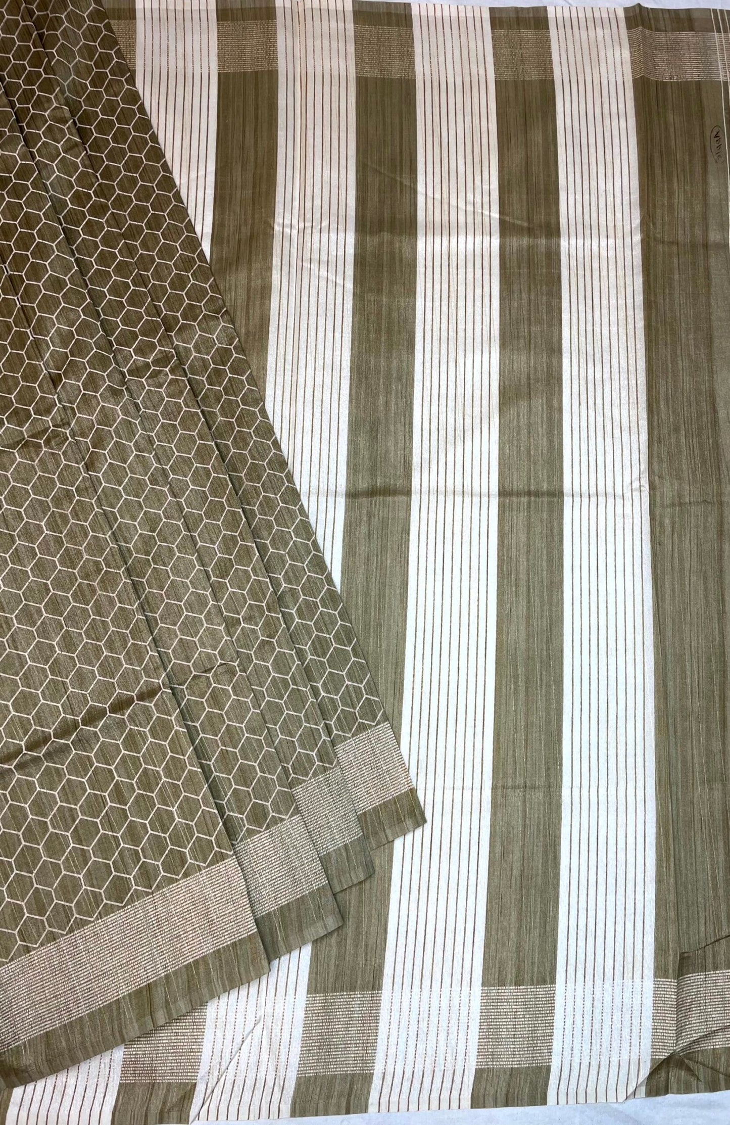 Light Olive Khadi Print with Zari Border Saree Design pr0026ai