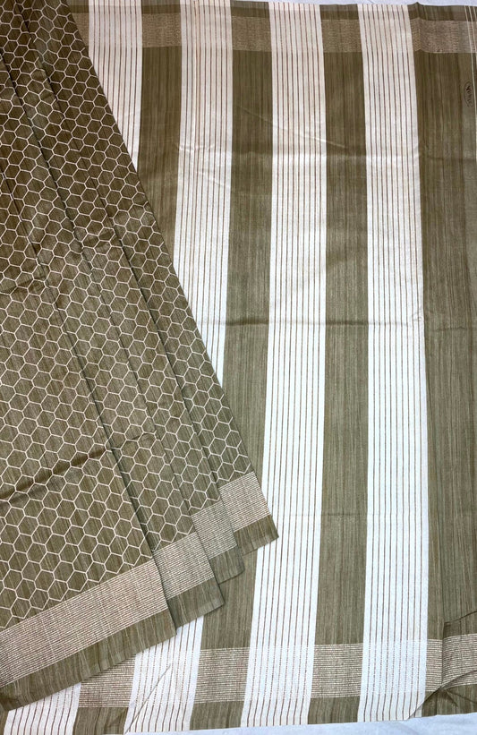 Light Olive Khadi Print with Zari Border Saree Design pr0026ai