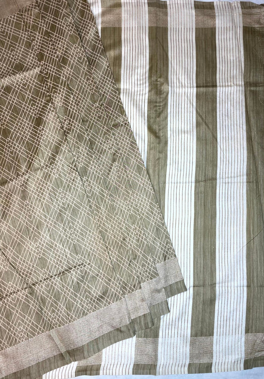 Light Olive Khadi Print with Zari Border Saree Design pr0027ai