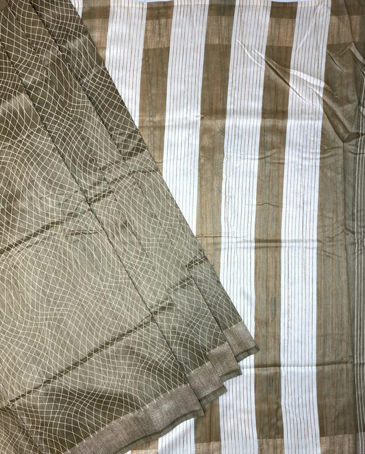 Light Olive Khadi Print with Zari Border Saree Design pr0028ai