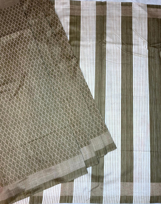 Light Olive Khadi Print with Zari Border Saree Design pr0029ai