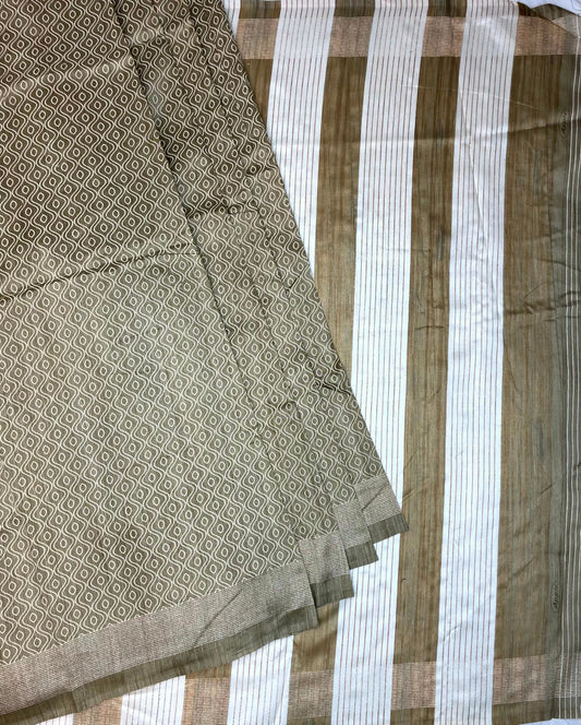 Light Olive Khadi Print with Zari Border Saree Design pr0030ai