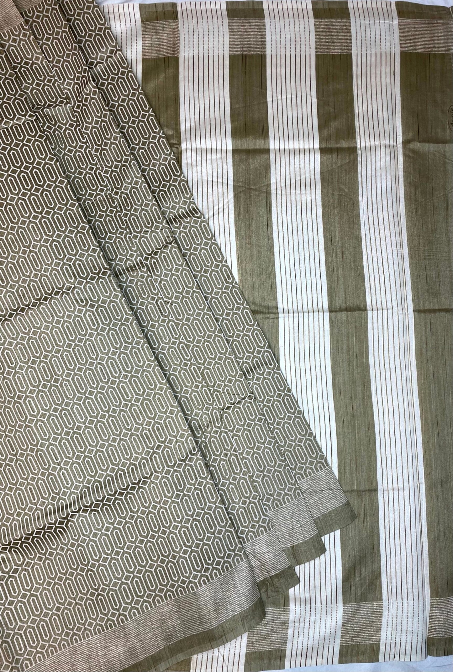 Light Olive Khadi Print with Zari Border Saree Design pr0031ai