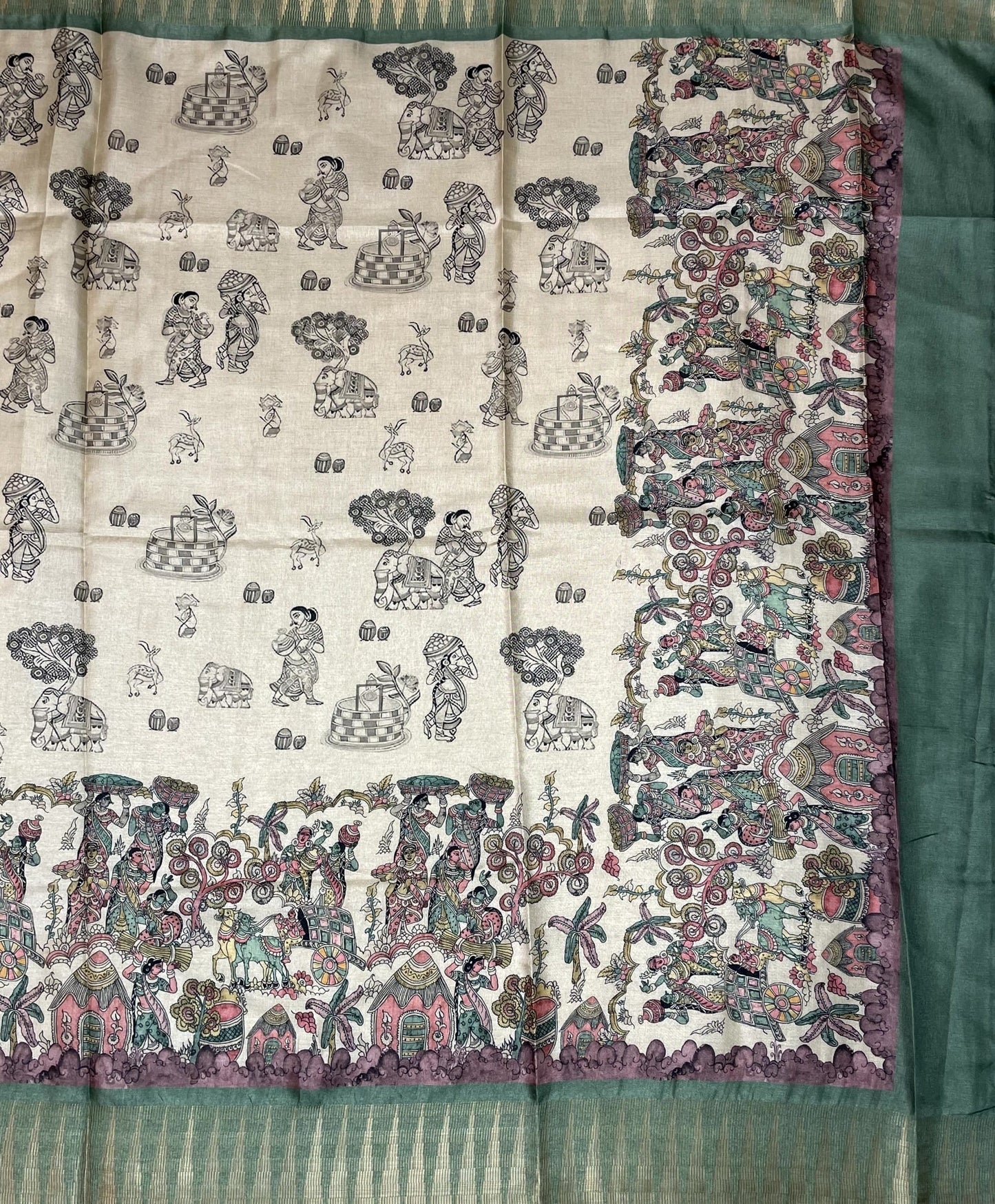 Green and Cream Digital Printed Viscose Silk Saree with Village Theme Design pr0056ap