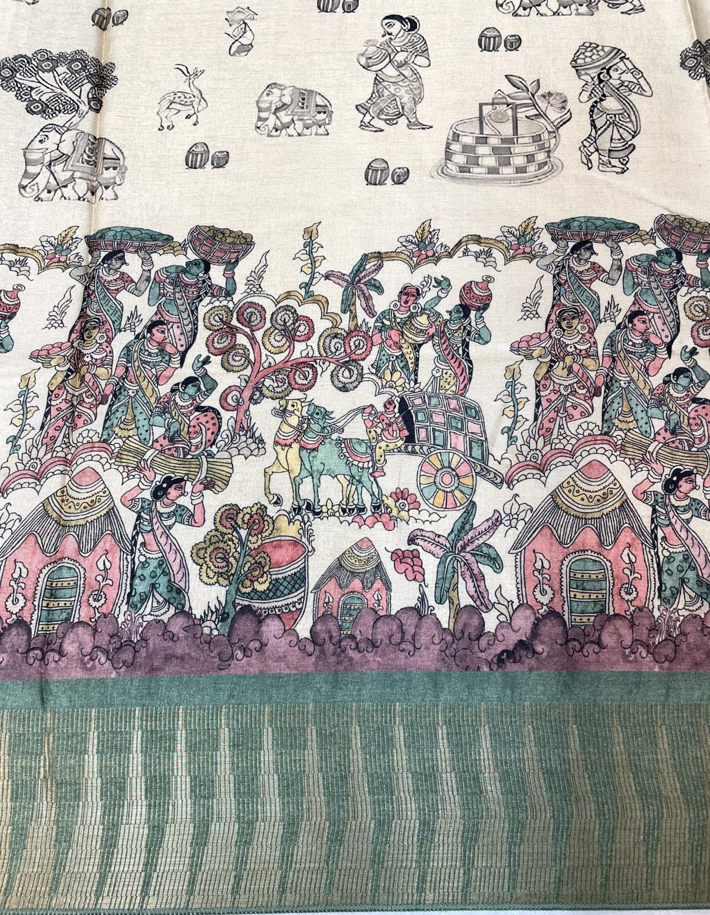 Green and Cream Digital Printed Viscose Silk Saree with Village Theme Design pr0056ap