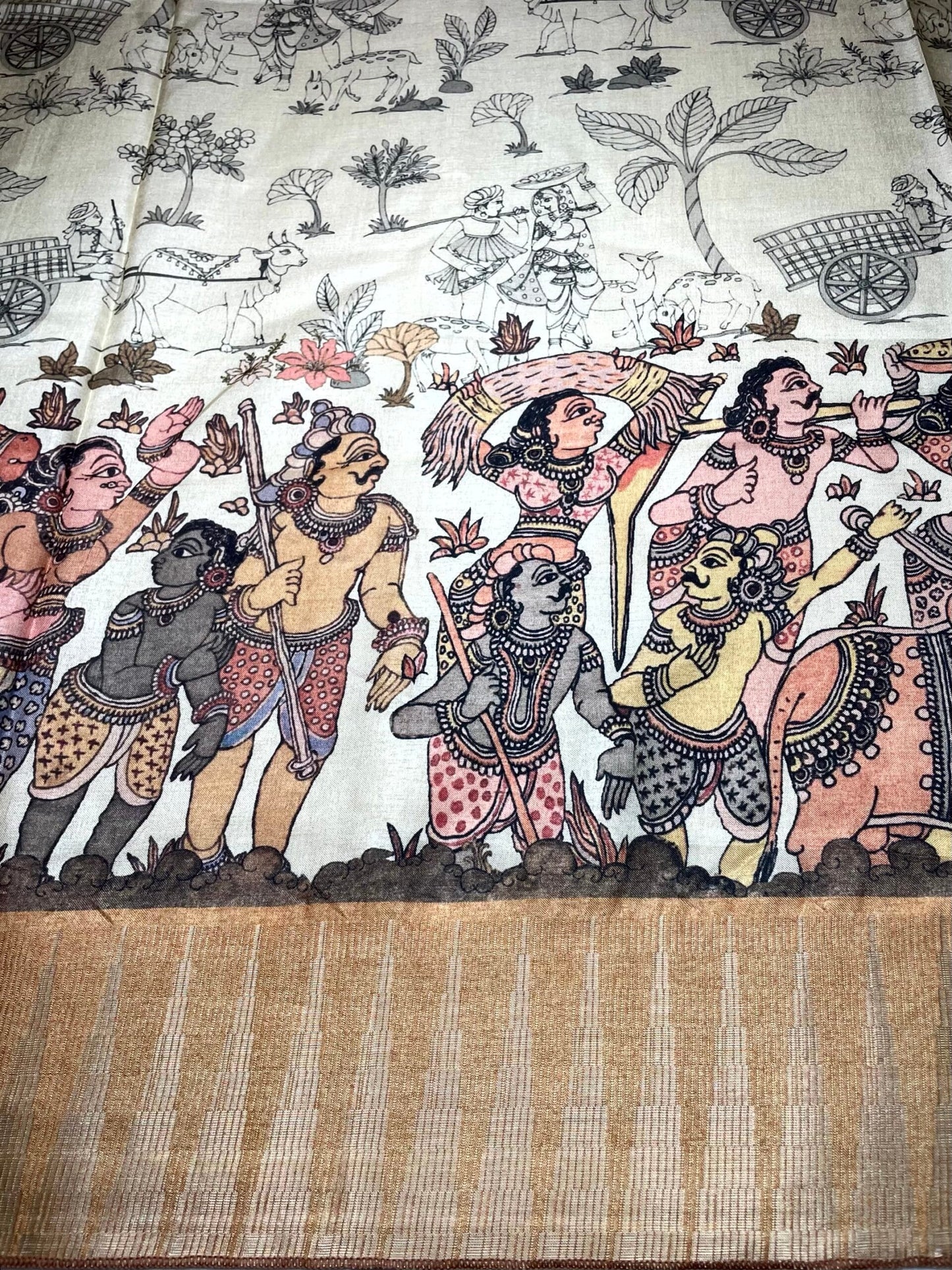 Brown and Cream Digital Printed Viscose Silk Saree with Village Theme Design pr0058ap