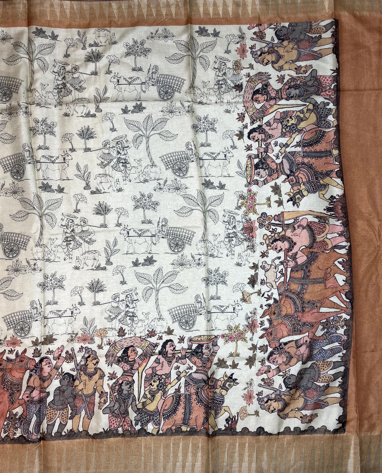 Brown and Cream Digital Printed Viscose Silk Saree with Village Theme Design pr0058ap