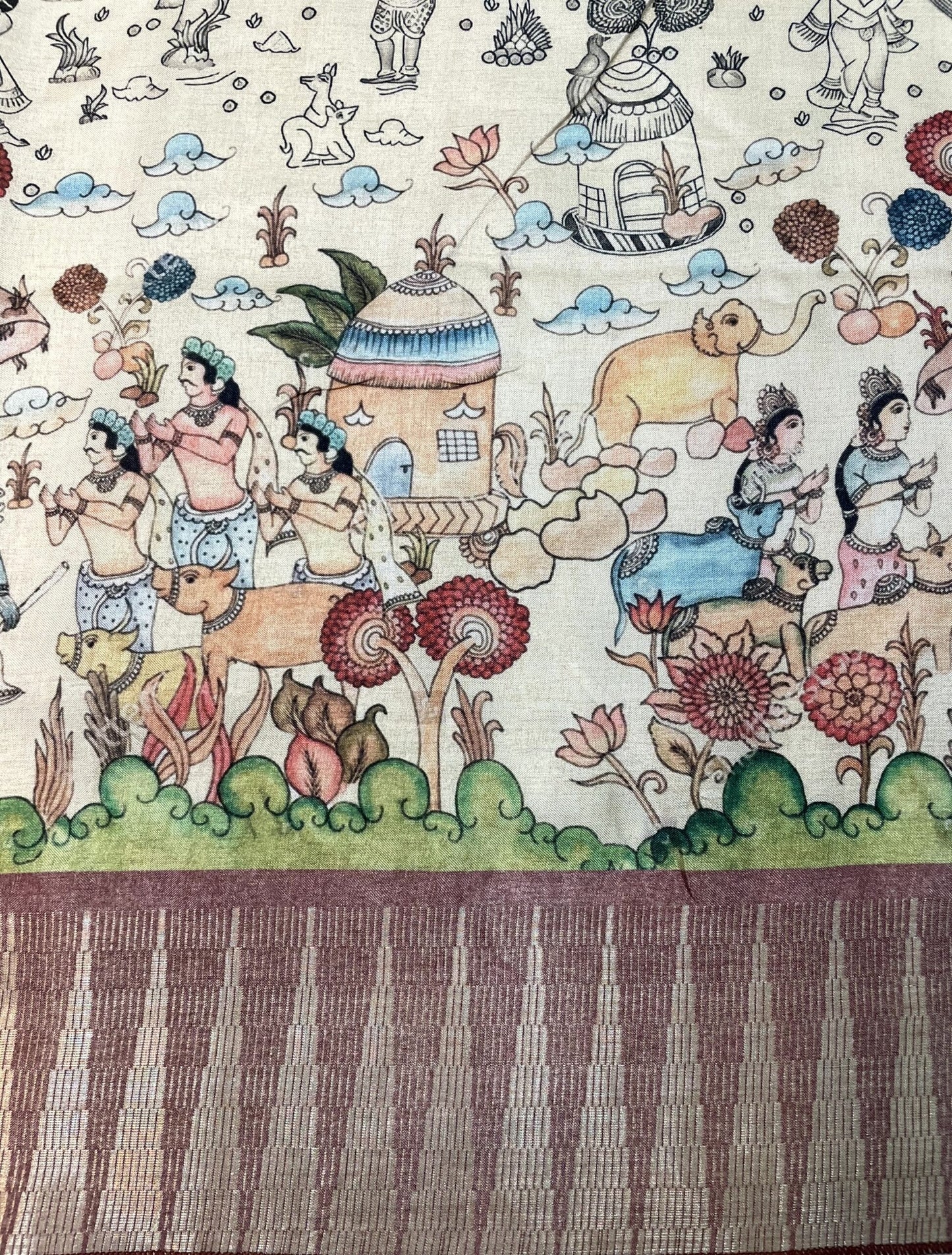 Light Brown and Cream Digital Printed Viscose Silk Saree with Village Theme Design pr0060ap