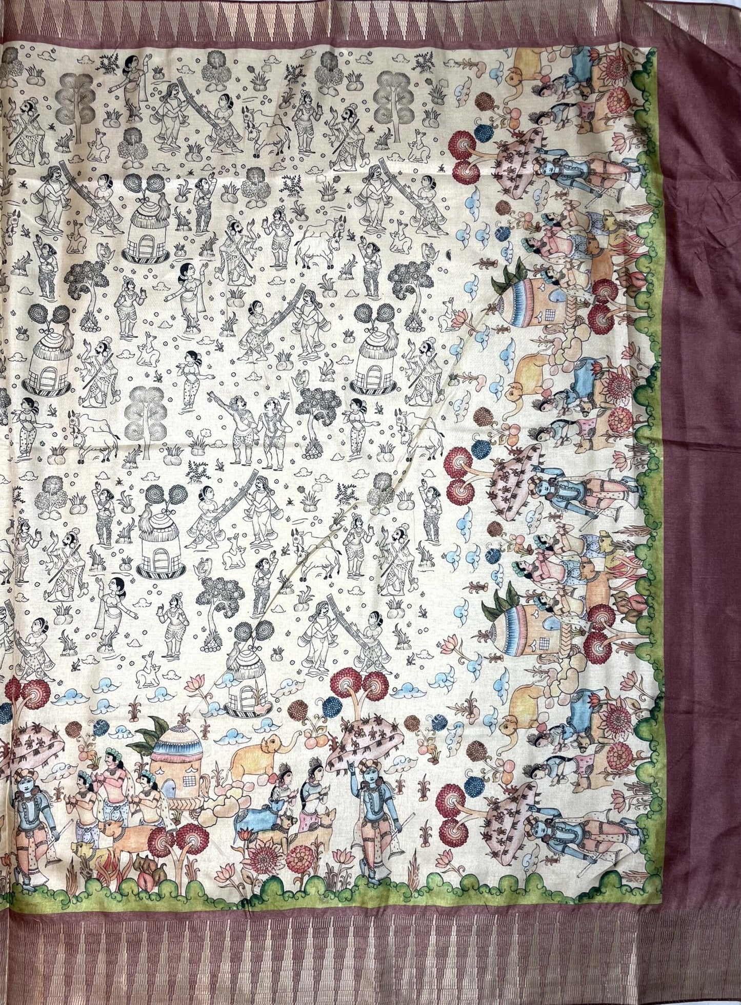 Light Brown and Cream Digital Printed Viscose Silk Saree with Village Theme Design pr0060ap