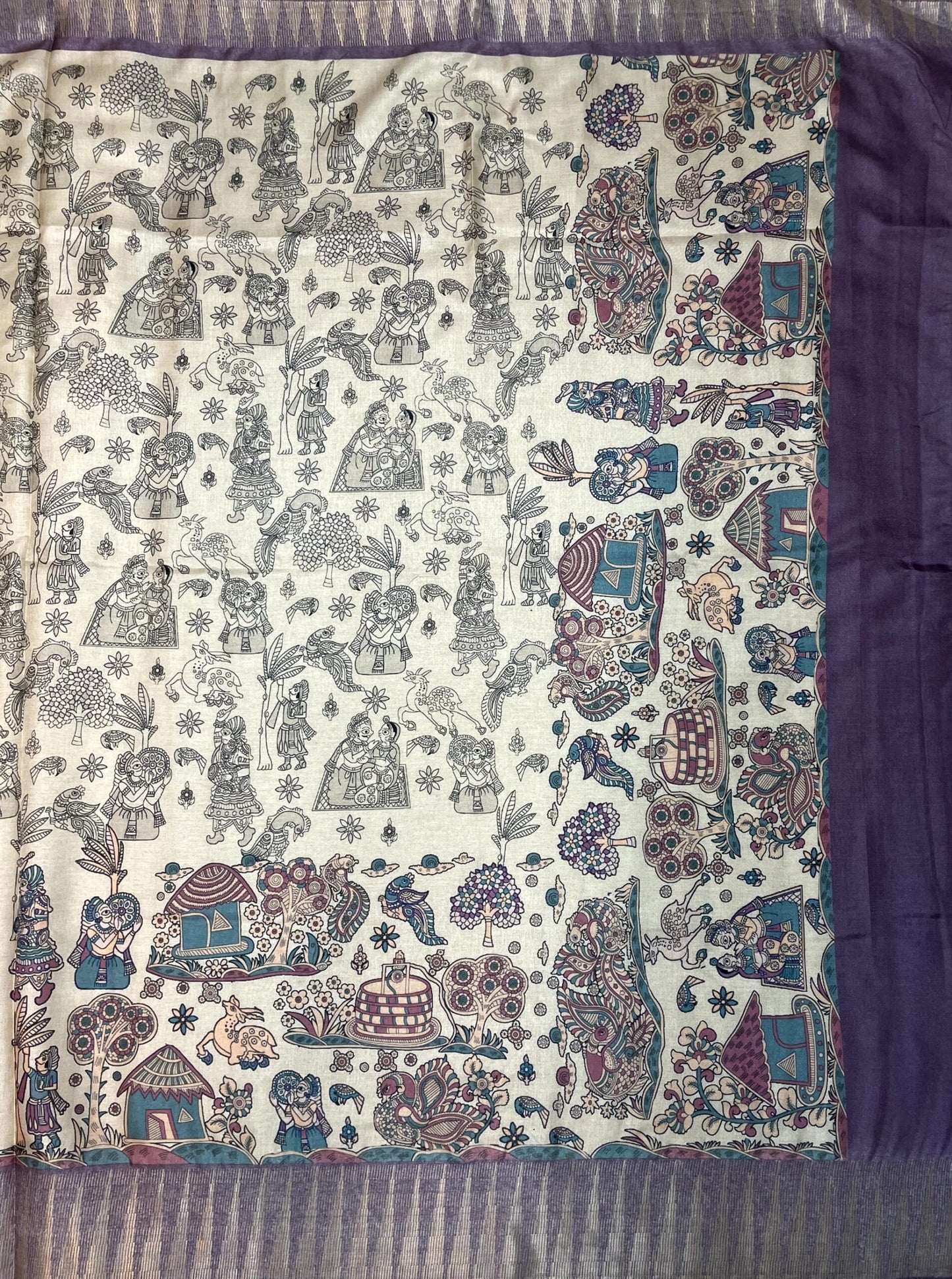 Violet and Cream Digital Printed Viscose Silk Saree with Village Theme Design pr0061ap