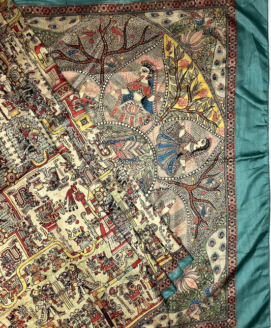 Sea Green Madhubani Digital Printed Saree with Figures Design pr0062ap