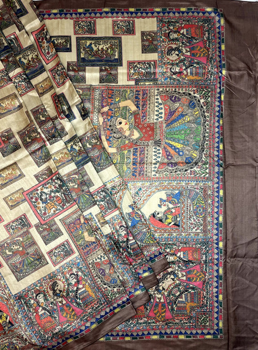 Brown Madhubani Digital Printed Saree with Figures Design pr0063ap