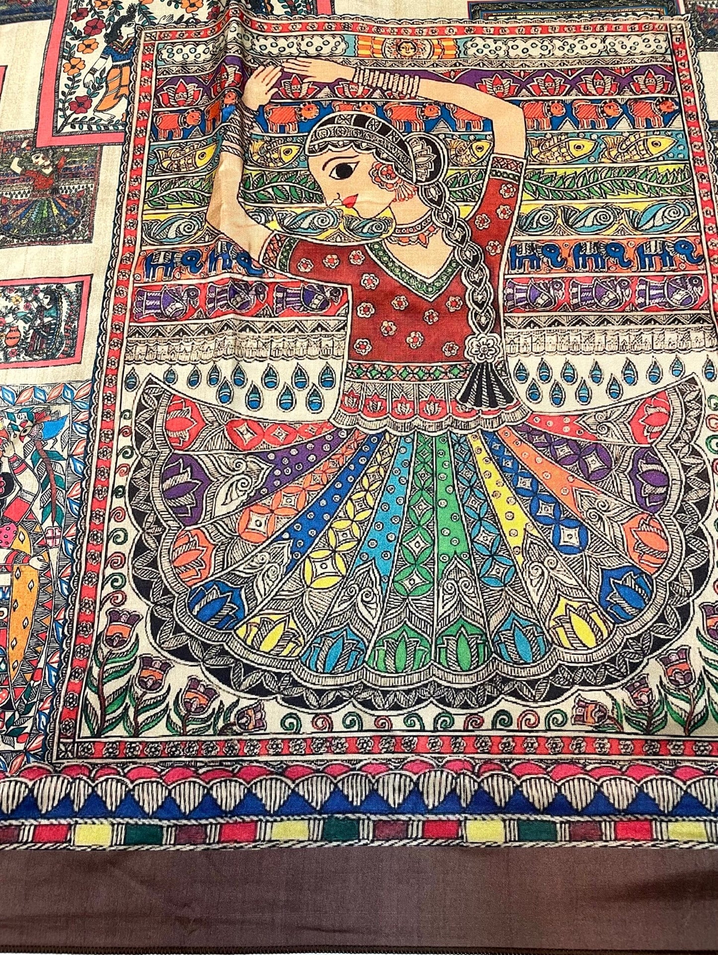 Brown Madhubani Digital Printed Saree with Figures Design pr0063ap