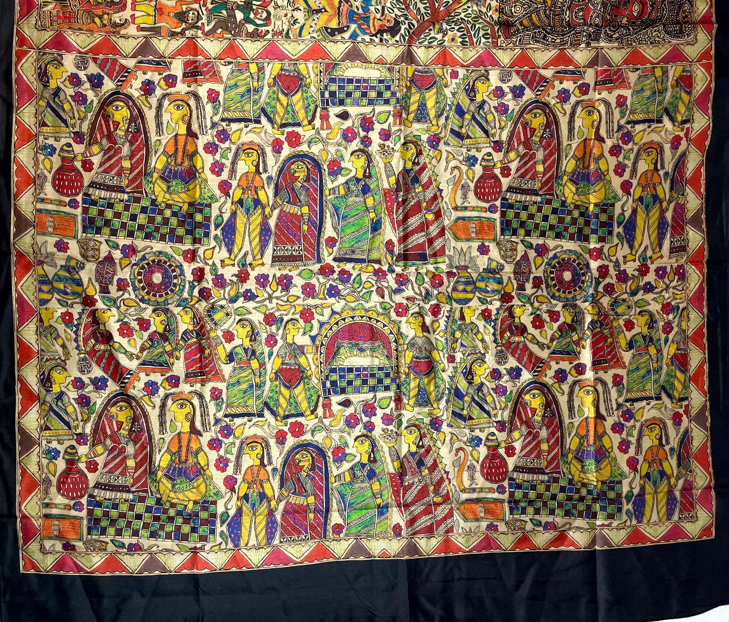 Multi Colour Black Border Madhubani Digital Printed Saree with Figures Design pr0068ap