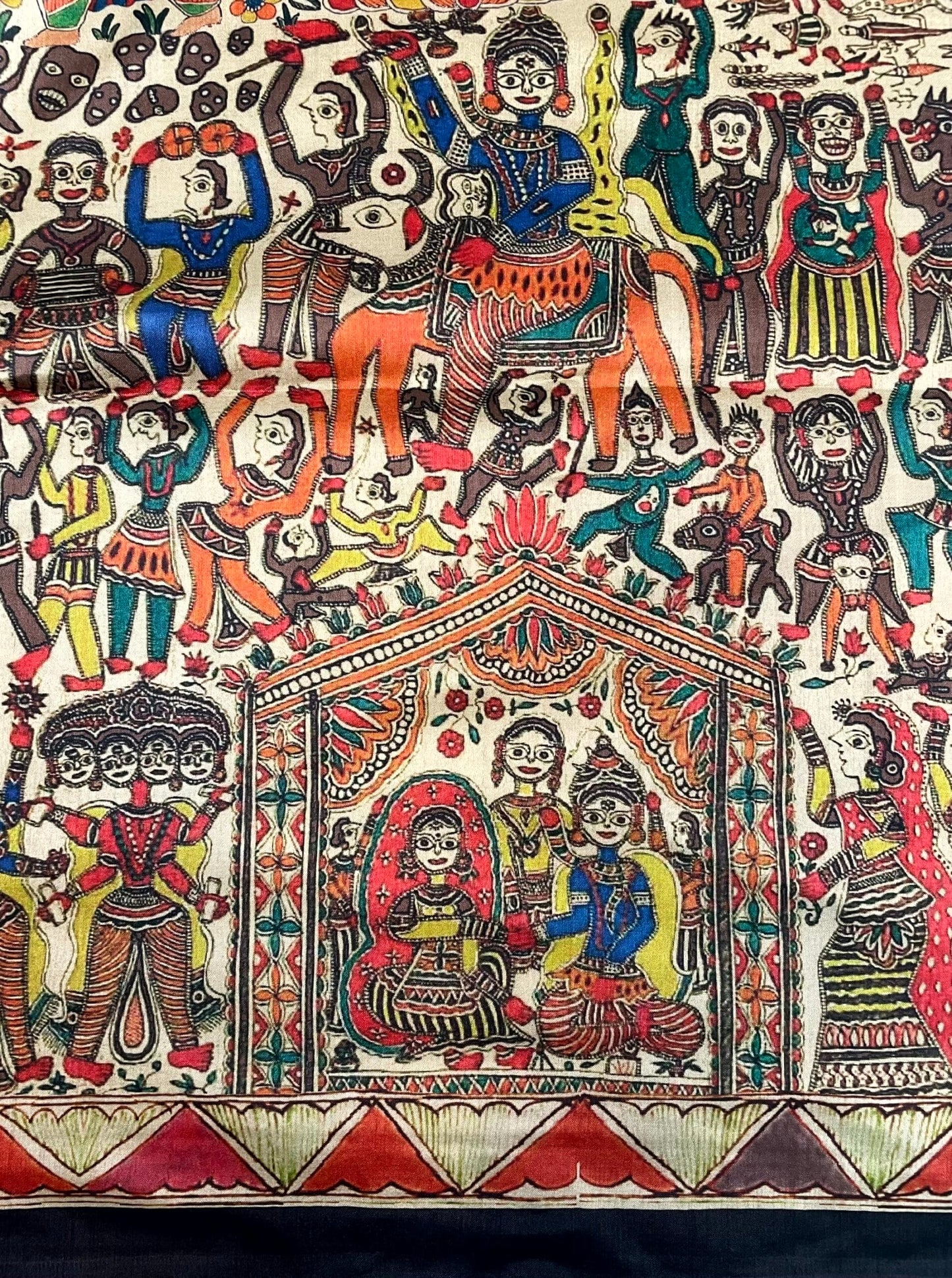 Multi Colour Black Border Madhubani Digital Printed Saree with Figures Design pr0068ap