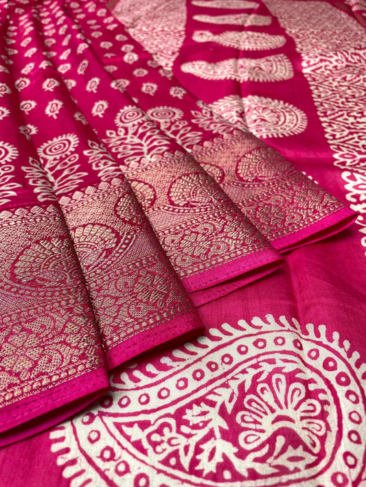 Pink Viscose Silk Khadi Print Zari Border with Body and Pallow Design pr0094ds