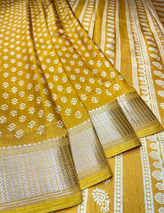 Mustard Yellow Viscose Silk Khadi Print Zari Border with Body and Pallow Design pr0098ds