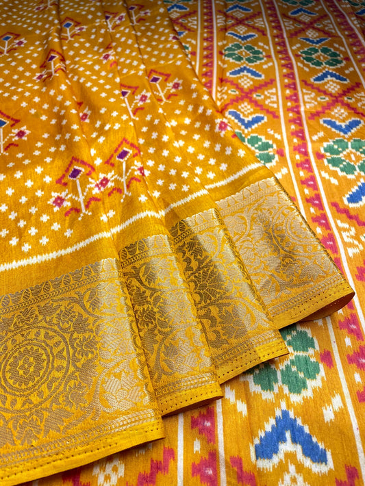Mustard Yellow Viscose Silk Digital Print Zari Border with Body and Pallu Ikat Design pr0105ds