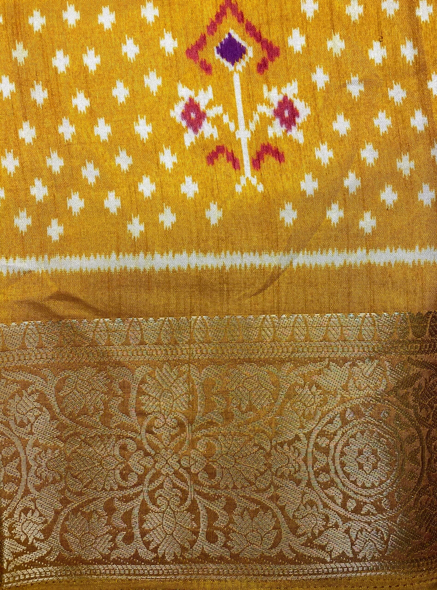 Mustard Yellow Viscose Silk Digital Print Zari Border with Body and Pallu Ikat Design pr0105ds