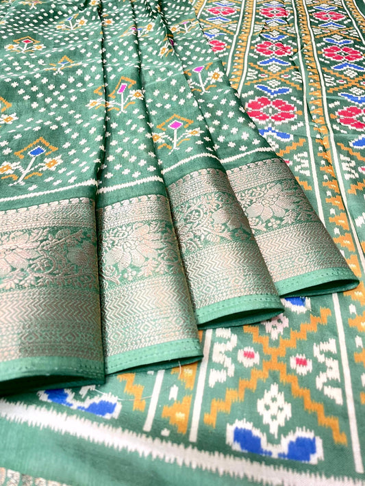 Sea Green Viscose Silk Digital Print Zari Border with Body and Pallu Ikat Design pr0106ds