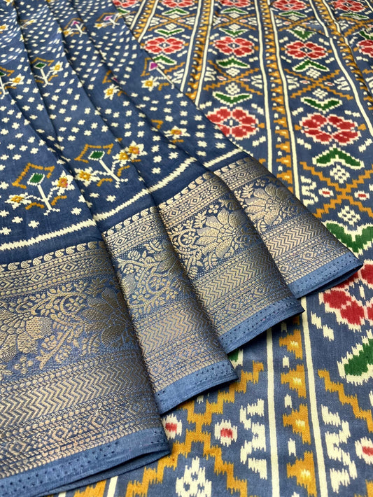 Slate Blue Viscose Silk Digital Print Zari Border with Body and Pallu Ikat Design pr0107ds
