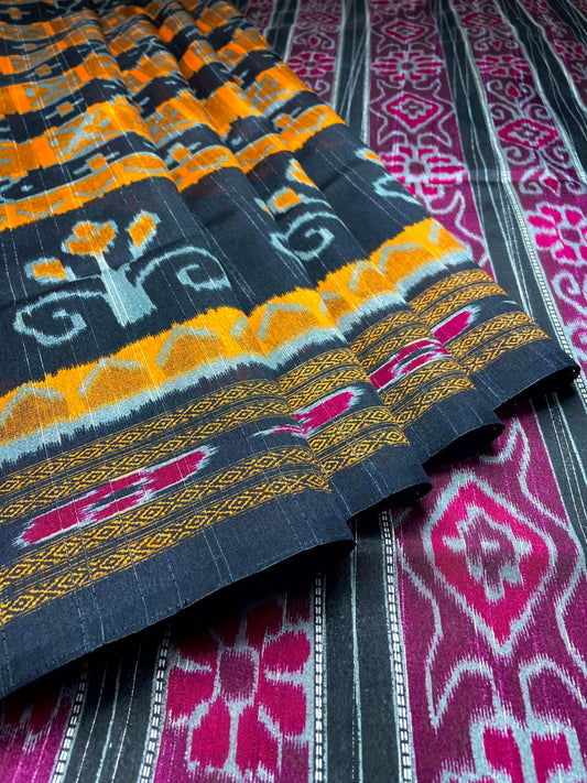 Black and Pink Blue Tussar Silk Digital Print with Body and Pallu Ikat Design pr0109ds