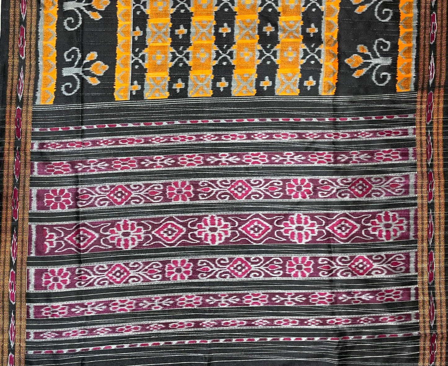 Black and Pink Blue Tussar Silk Digital Print with Body and Pallu Ikat Design pr0109ds
