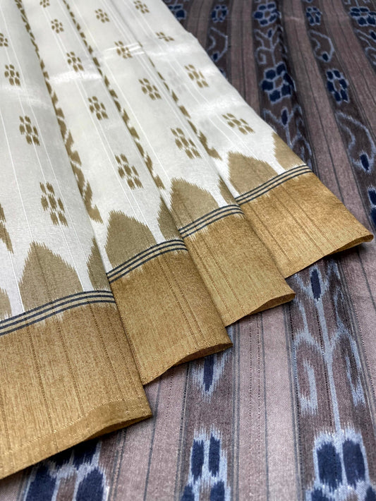 Beige Blue Tussar Silk Digital Print with Body and Pallu Ikat Design pr0110ds
