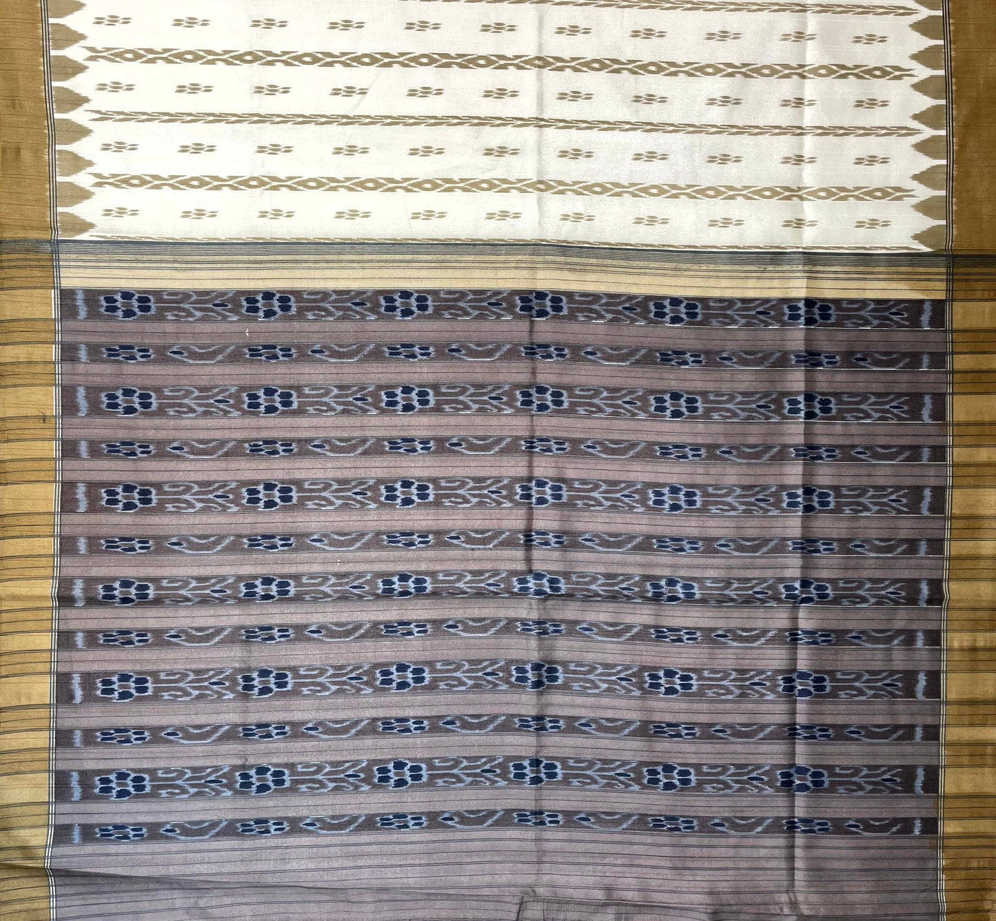 Beige Blue Tussar Silk Digital Print with Body and Pallu Ikat Design pr0110ds
