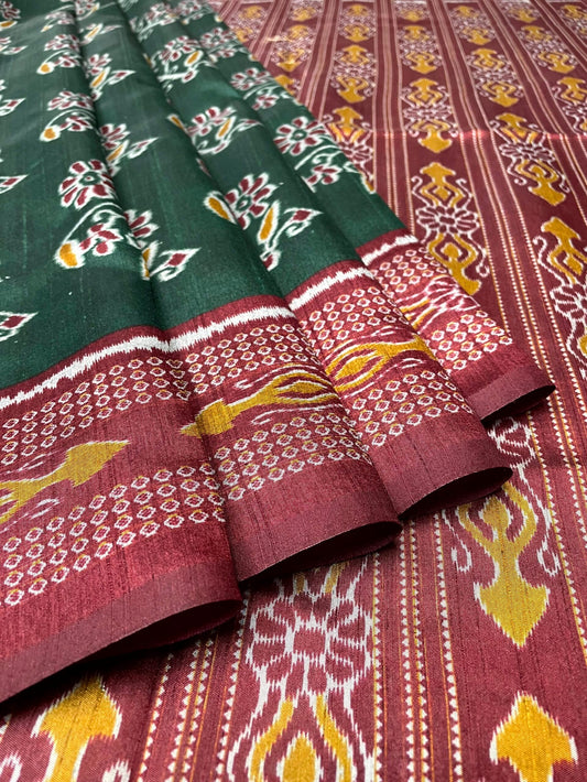 Red and Green Tussar Silk Digital Print with Body and Pallu Ikat Design pr0113ds