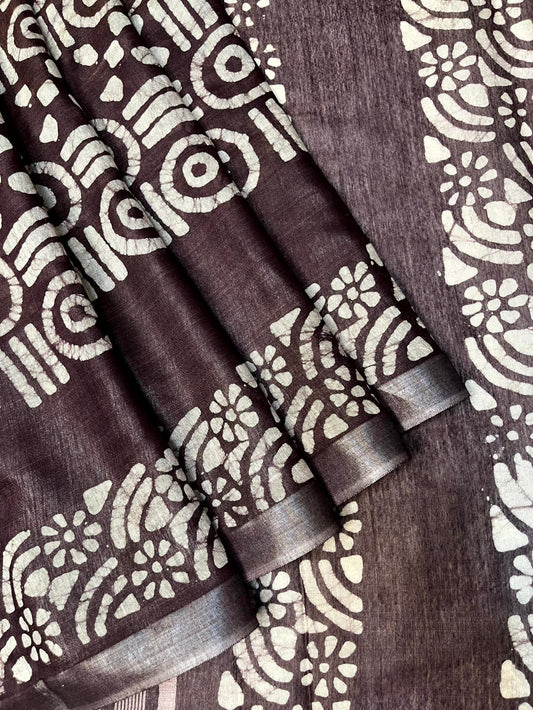 Brown Batik Printed Zari Border with Body and Pallu Design pr0118ds