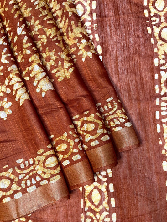 Orange Batik Printed Zari Border with Body and Pallu Design pr0119ds