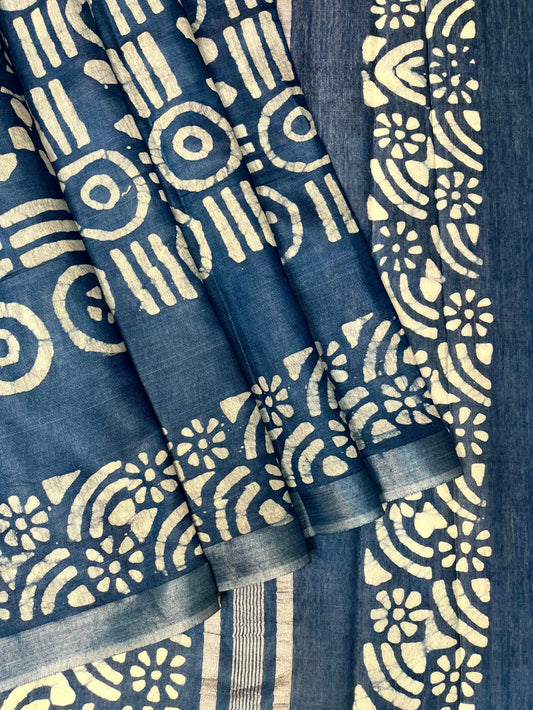 Slate Blue Batik Printed Zari Border with Body and Pallu Design pr0121ds