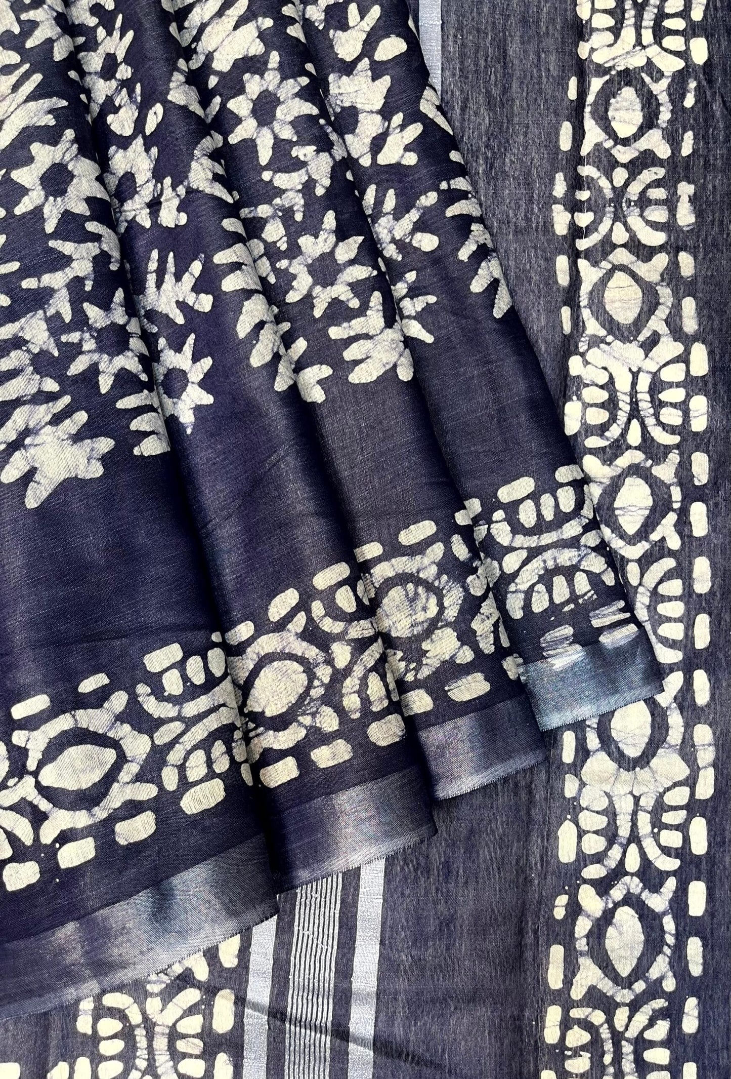 Dark Slate Blue Batik Printed Zari Border with Body and Pallu Design pr0122ds