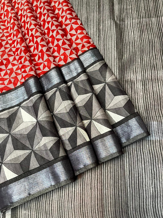 Red Viscose Silk Digital Print Zari Border with Body and Pallu Geometrical Design pr0128ds