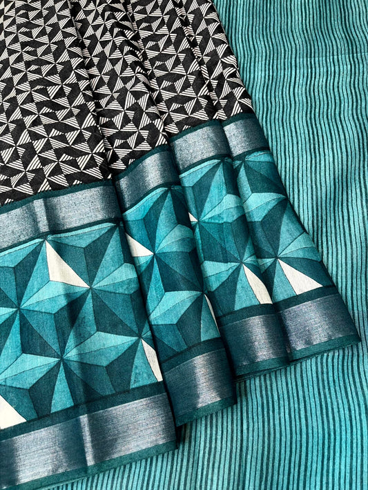 Black Viscose Silk Digital Print Zari Border with Body and Pallu Geometrical Design pr0130ds