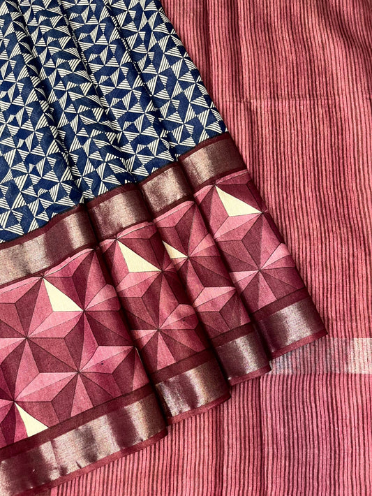 Blue Viscose Silk Digital Print Zari Border with Body and Pallu Geometrical Design pr0131ds