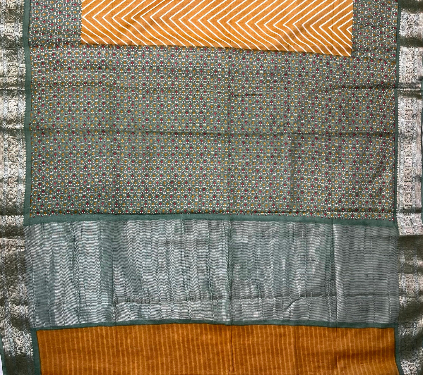 Mustard Yellow Viscose Silk Digital Print Zari Border with Body and Pallu Zig-Zag Design pr0135ds