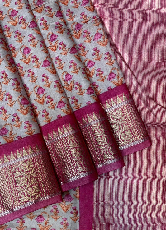 Beige Viscose Silk Digital Print Zari Border with Body and Pallu Floral Design pr0138ds