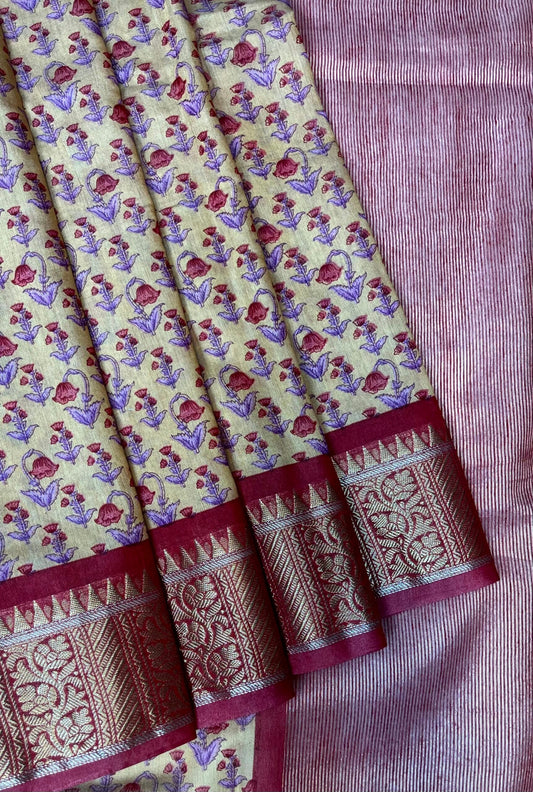 Cream Viscose Silk Digital Print Zari Border with Body and Pallu Floral Design pr0139ds