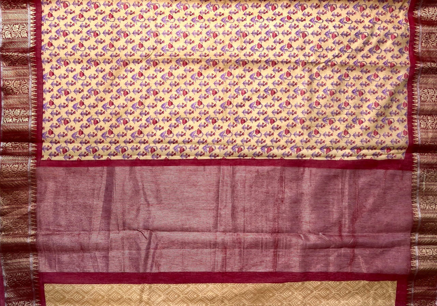 Cream Viscose Silk Digital Print Zari Border with Body and Pallu Floral Design pr0139ds