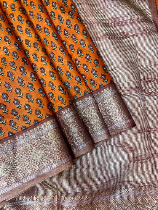 Mustard Viscose Silk Digital Print Zari Border with Body and Pallu Floral Design pr0140ds