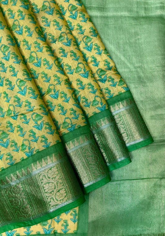 Yellow Viscose Silk Digital Print Zari Border with Body and Pallu Floral Design pr0141ds