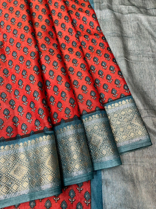 Red Viscose Silk Digital Print Zari Border with Body and Pallu Floral Design pr0142ds