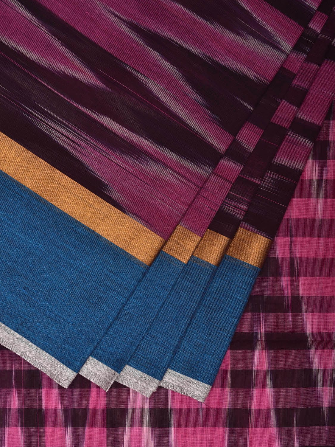 Purple and Blue Ikat Cotton 80s Count Handloom Saree with Zig-Zag Design No Blouse i0874
