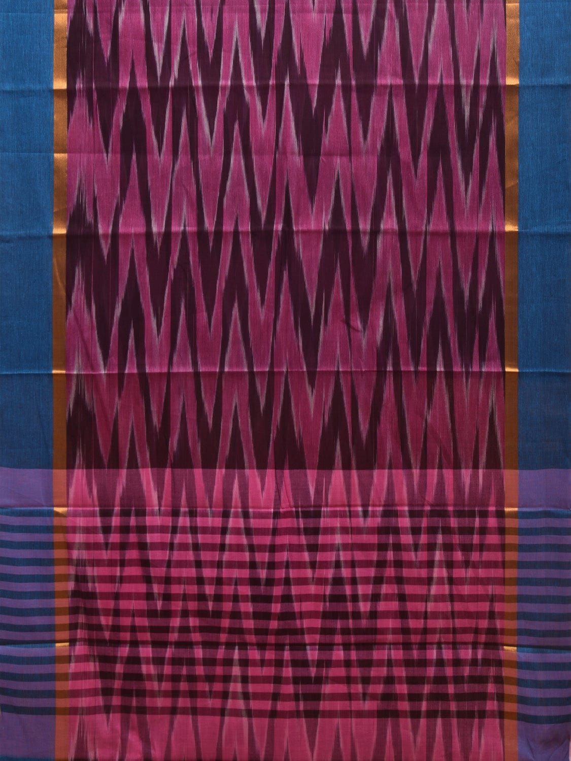 Purple and Blue Ikat Cotton 80s Count Handloom Saree with Zig-Zag Design No Blouse i0874
