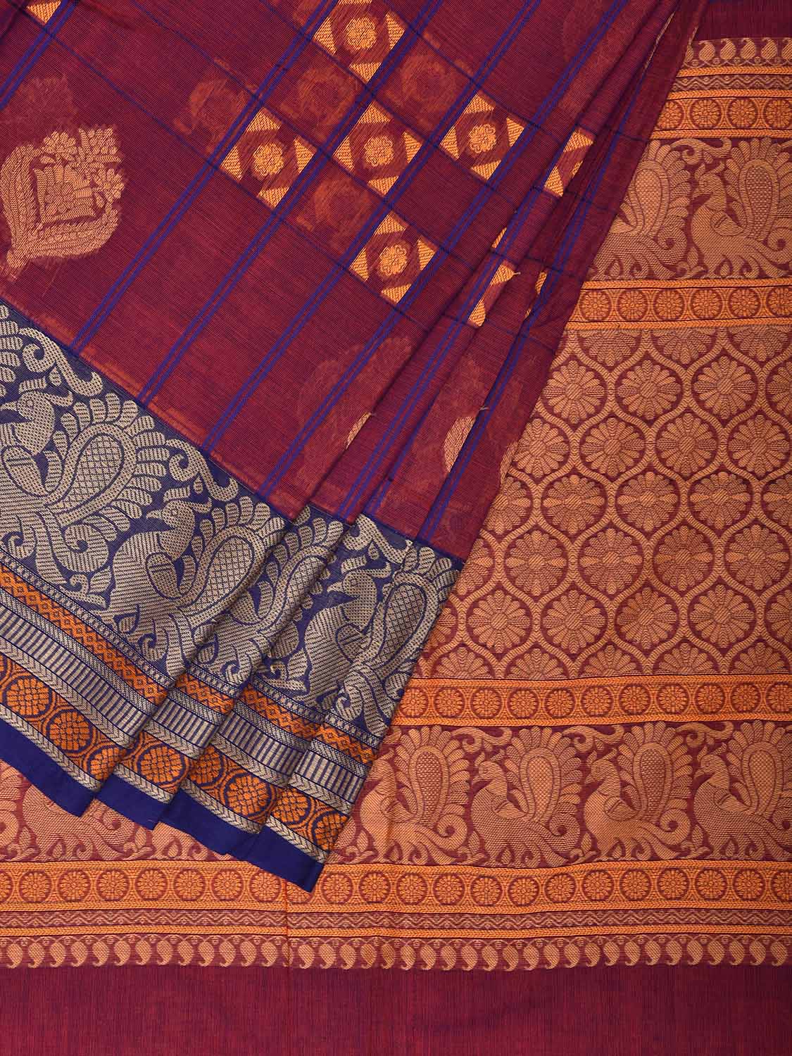Purple and Blue Kanchipuram Cotton Saree with Checks Buta and Pallu Design k0792